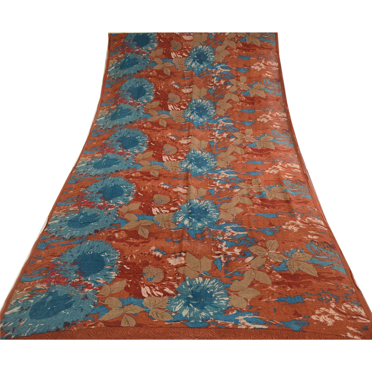 Sanskriti Vintage Sarees Orange Pure Georgette Silk Printed Sari Craft Sustainable Fabric