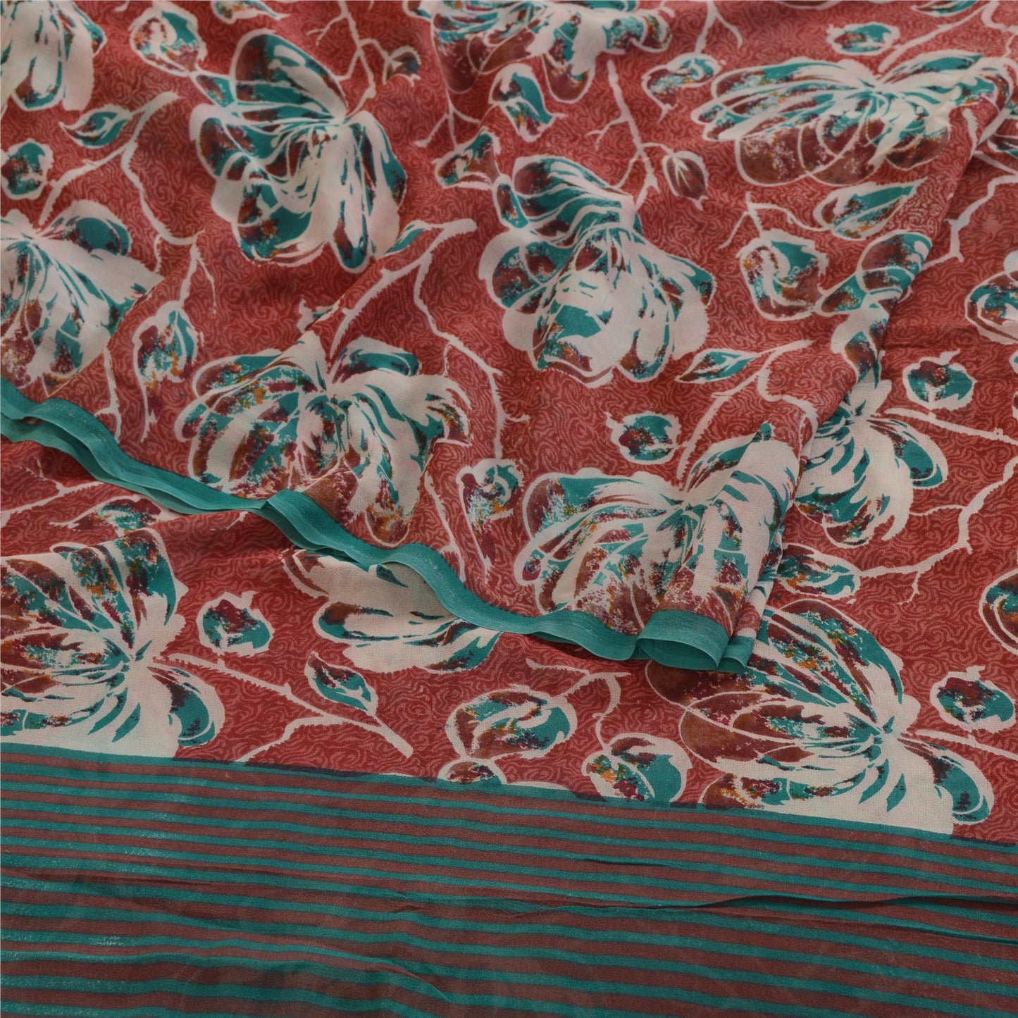 Sanskriti Vintage Sarees Red Pure Georgette Silk Printed Sari 5yd Craft Sustainable Fabric