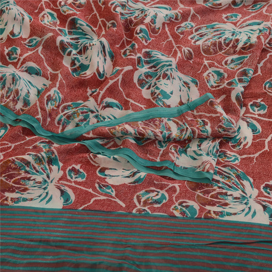 Sanskriti Vintage Sarees Red Pure Georgette Silk Printed Sari 5yd Craft Sustainable Fabric