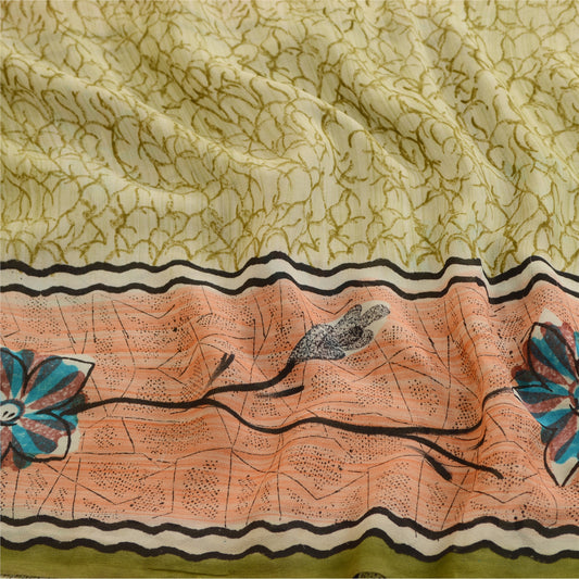 Sanskriti Vintage Sarees Green Printed Pure Georgette Silk Sari 5yd Craft Sustainable Fabric
