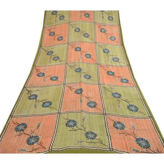 Sanskriti Vintage Sarees Green Printed Pure Georgette Silk Sari 5yd Craft Sustainable Fabric