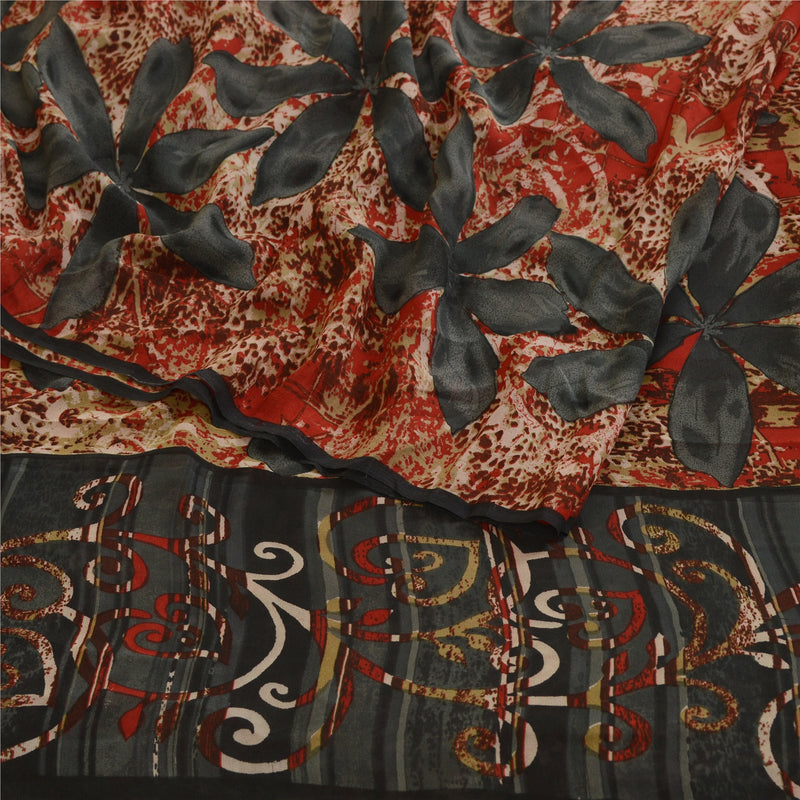 Sanskriti Vintage Sarees Red Printed Pure Georgette Silk Sari Soft Craft Sustainable Fabric