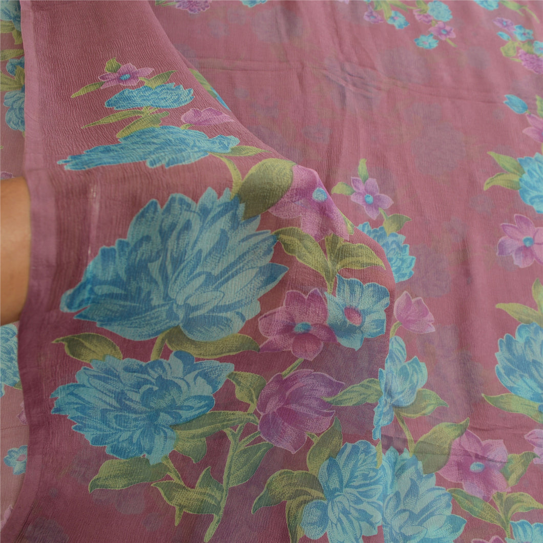 Sanskriti Vintage Sarees Purple Pure Chiffon Silk Printed Sari 5yd Craft Fabric