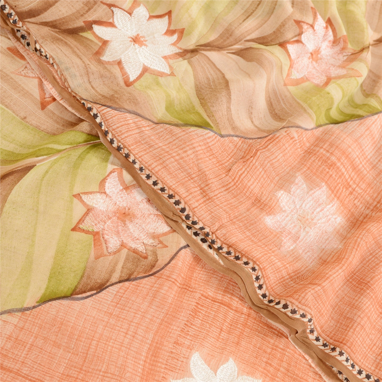 Sanskriti Vintage Sarees Peach Embroidered Pure Georgette Silk Print Sari Sustainable Fabric