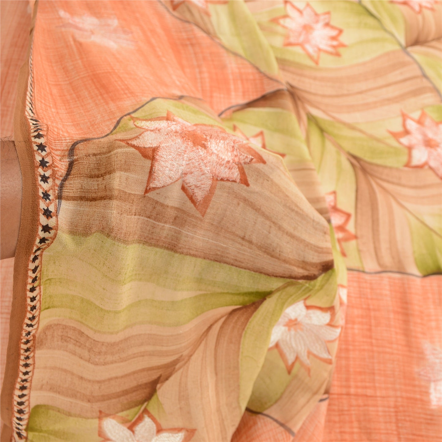 Sanskriti Vintage Sarees Peach Embroidered Pure Georgette Silk Print Sari Sustainable Fabric