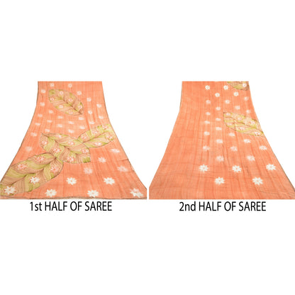 Sanskriti Vintage Sarees Peach Embroidered Pure Georgette Silk Print Sari Sustainable Fabric