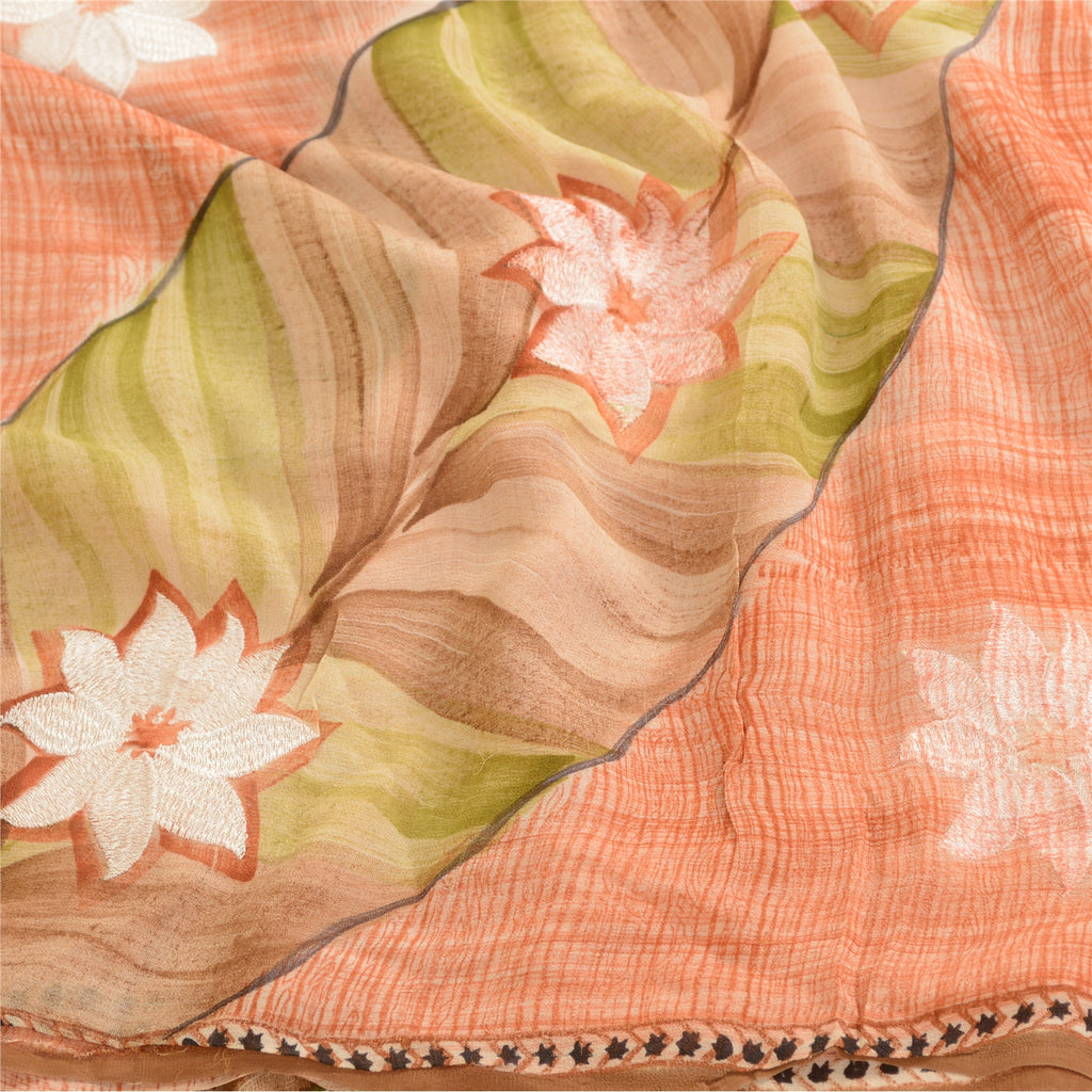 Sanskriti Vintage Sarees Peach Embroidered Pure Georgette Silk Print Sari Sustainable Fabric