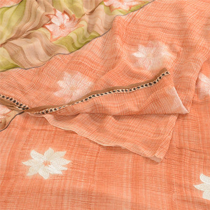 Sanskriti Vintage Sarees Peach Embroidered Pure Georgette Silk Print Sari Sustainable Fabric