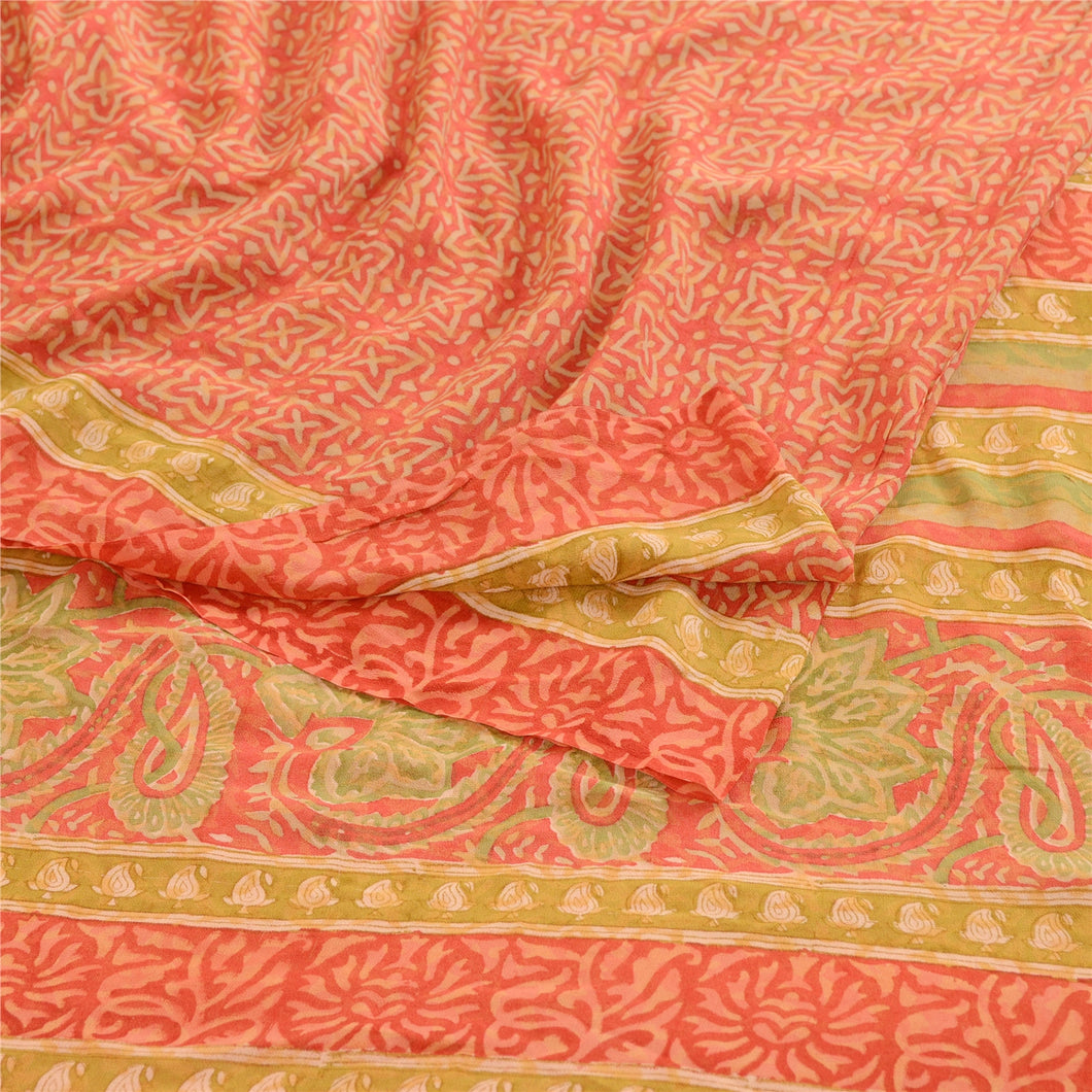 Sanskriti Vintage Sarees Red Block Printed Pure Georgette Silk Sari Craft Fabric