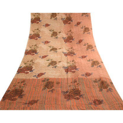 Sanskriti Vintage Sarees Peach Pure Georgette Silk Printed Sari 5yd Craft Sustainable Fabric