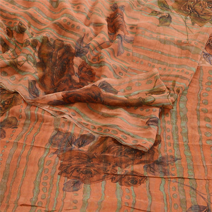 Sanskriti Vintage Sarees Peach Pure Georgette Silk Printed Sari 5yd Craft Sustainable Fabric