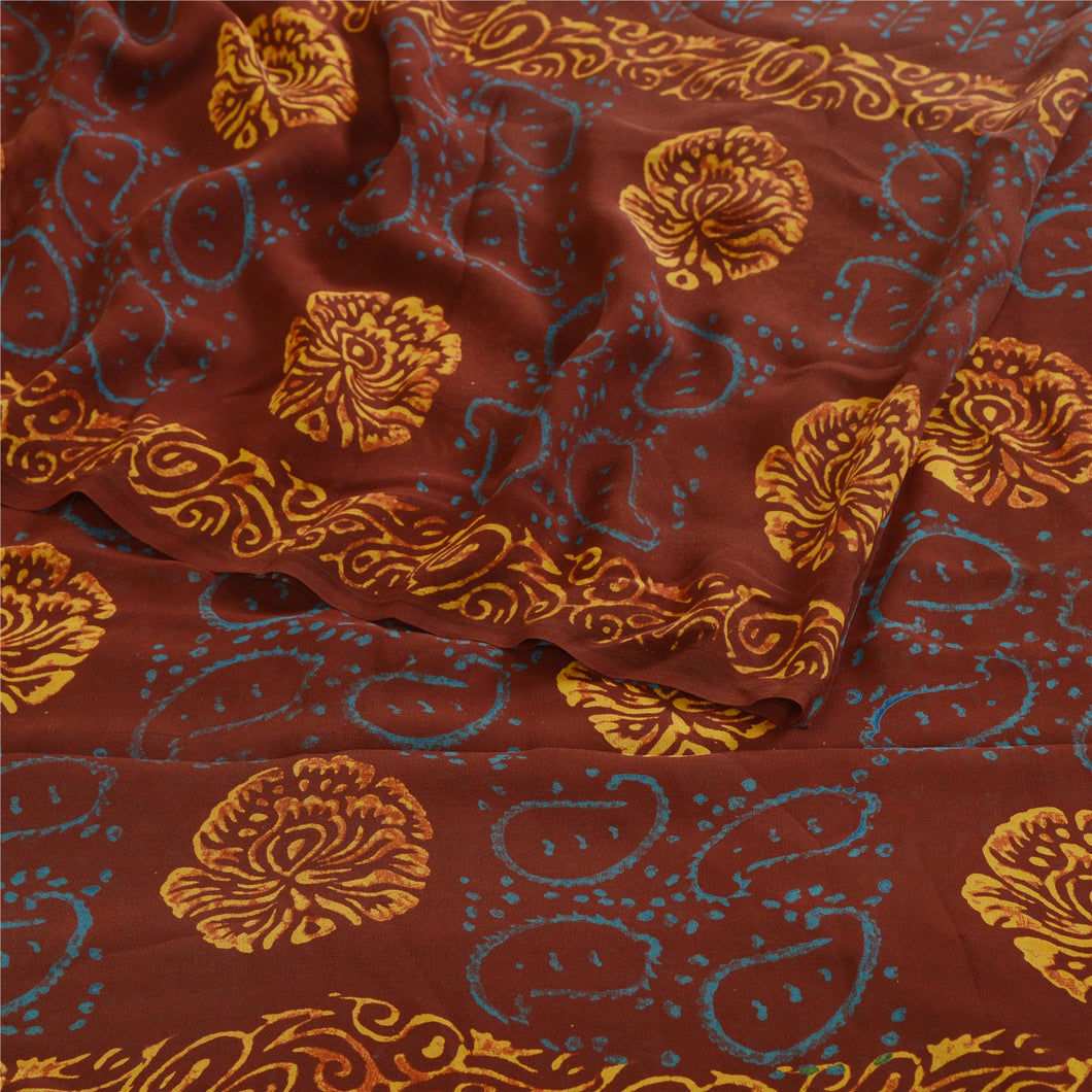 Sanskriti Vintage Sarees Wine Hand Block Printed Pure Georgette Silk Sari Fabric