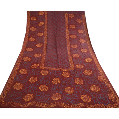 Sanskriti Vintage Sarees Wine Hand Block Printed Pure Georgette Silk Sari Sustainable Fabric