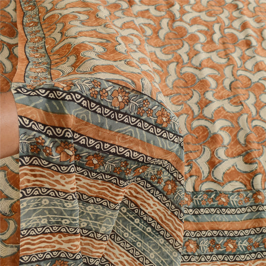 Sanskriti Vintage Sarees Brown Block Print Pure Georgette Silk Sari Craft Sustainable Fabric