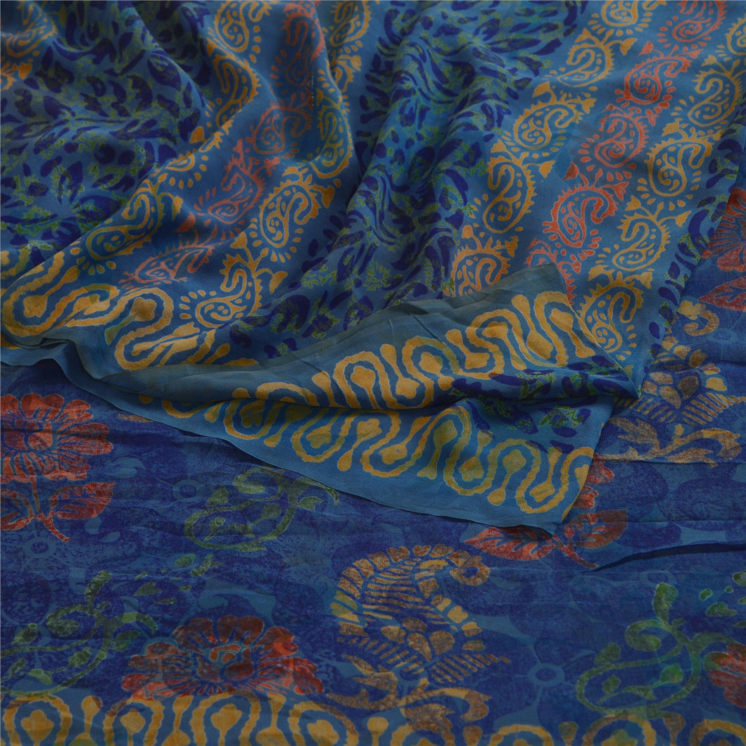 Sanskriti Vintage Sarees Blue Block Printed Pure Georgette Silk Sari 5yd Fabric