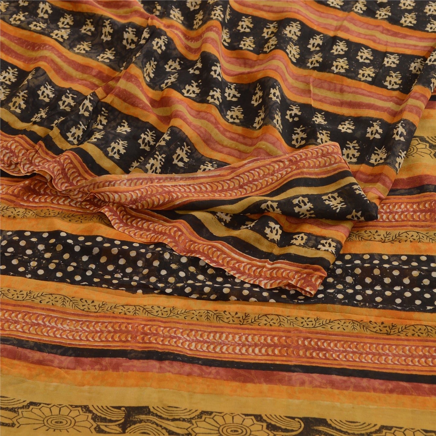 Санскритские винтажные сари из черного чистого шелка с принтом в виде жоржета 5 ярдов ткань для рукоделия из экологически чистой ткани