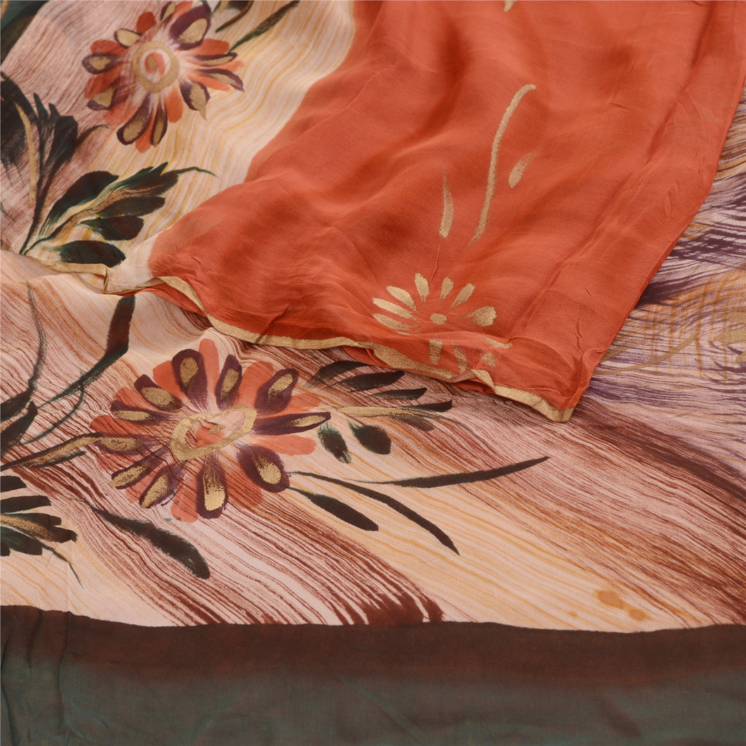 Sanskriti Vintage Sarees Orange Blend Georgette Printed Sari Floral Craft Fabric