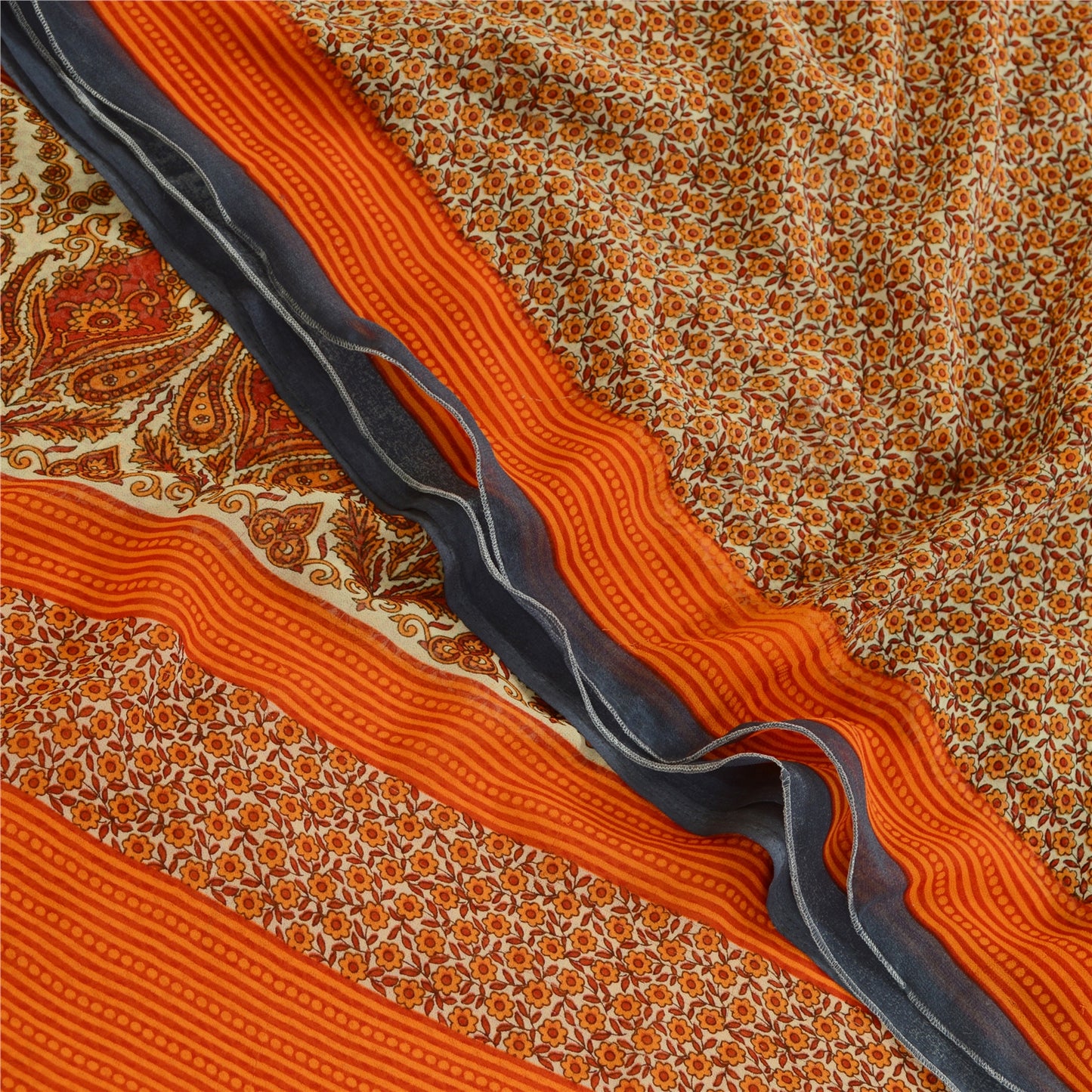 Sanskriti Vintage Sarees Indian Orange Georgette Printed Sari Soft Craft Sustainable Fabric