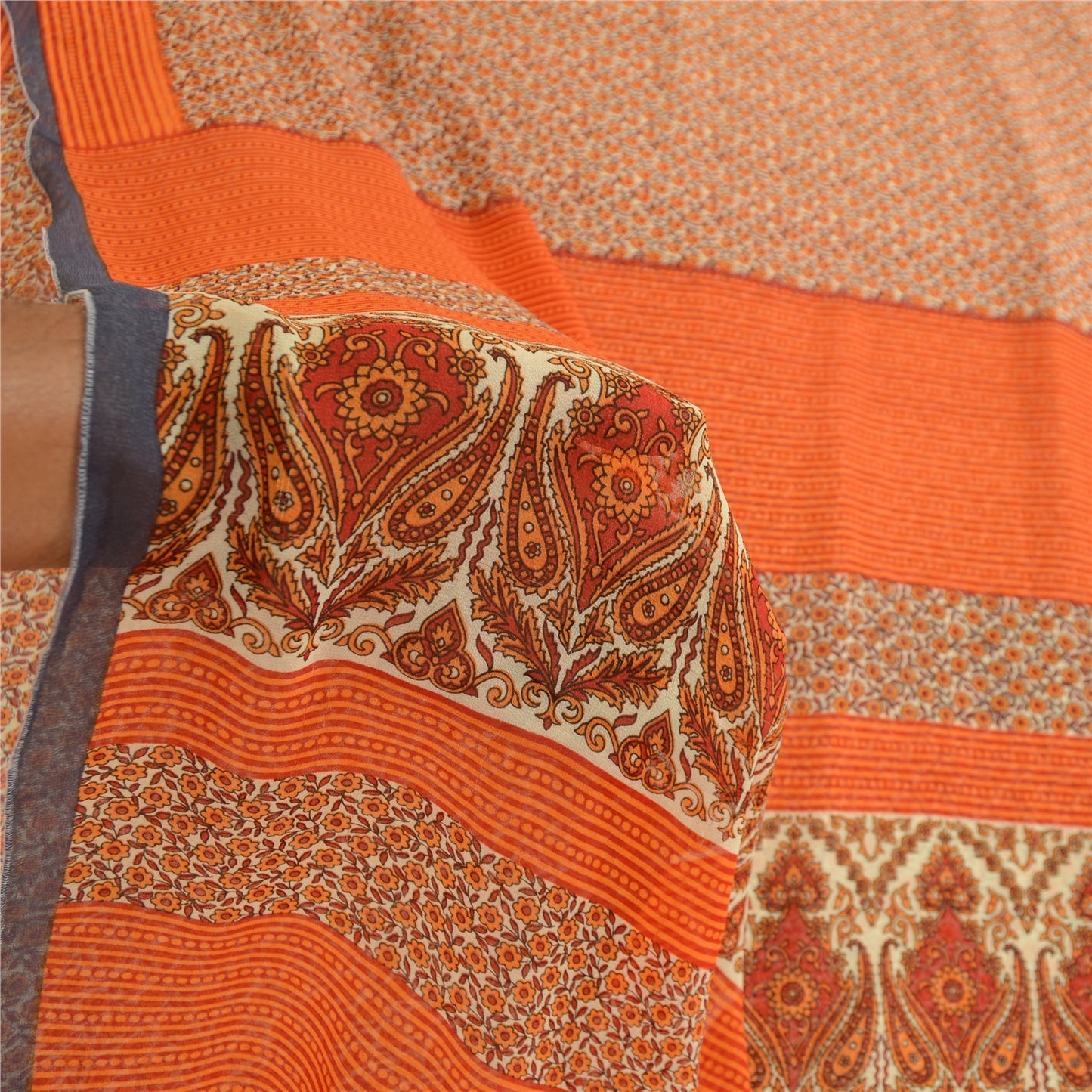 Sanskriti Vintage Sarees Indian Orange Georgette Printed Sari Soft Craft Sustainable Fabric