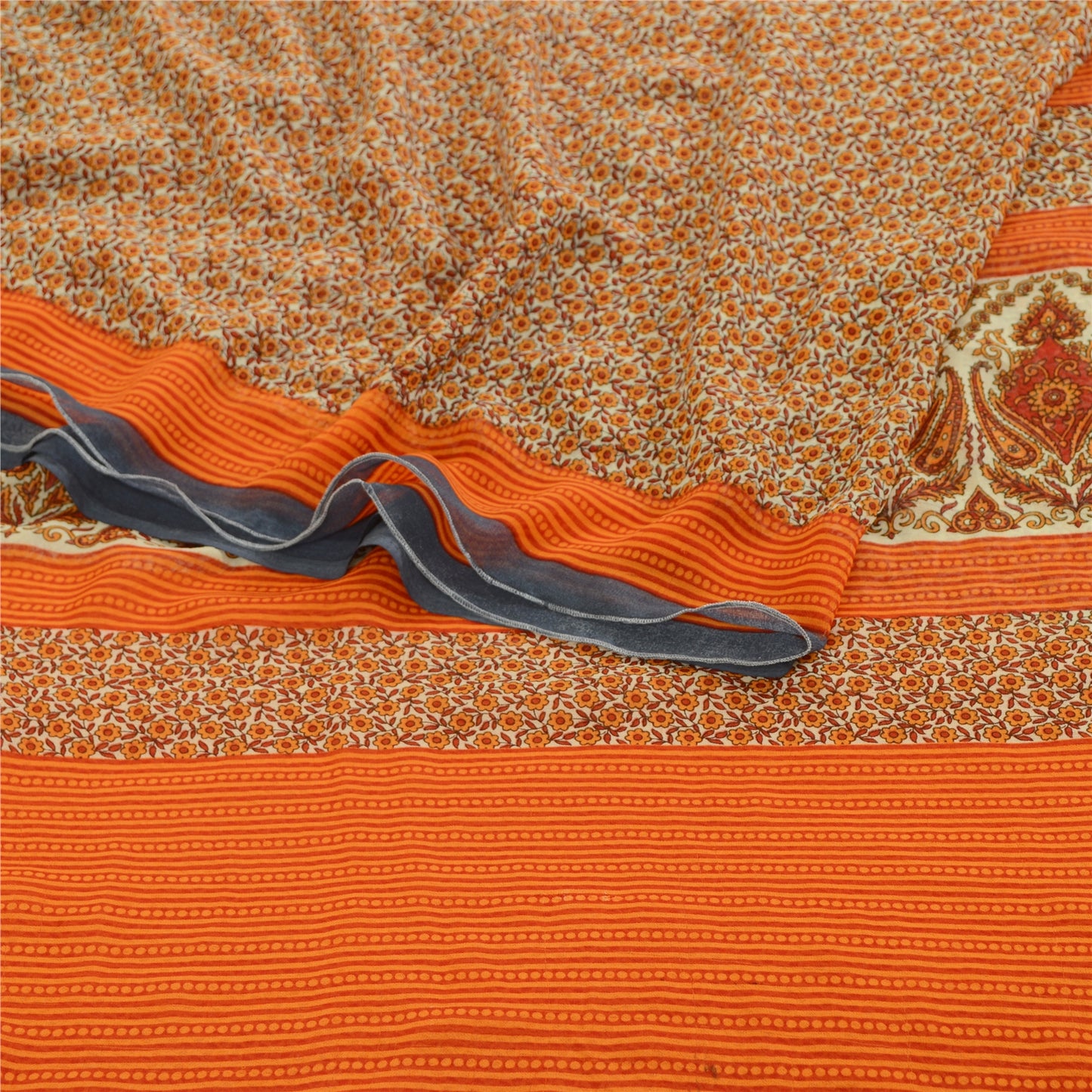 Sanskriti Vintage Sarees Indian Orange Georgette Printed Sari Soft Craft Sustainable Fabric