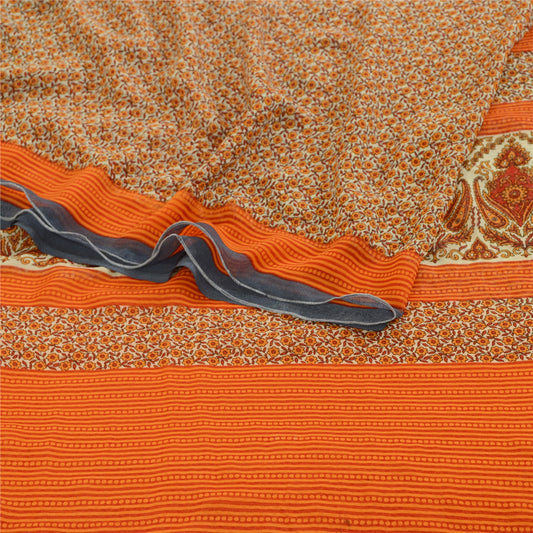 Sanskriti Vintage Sarees Indian Orange Georgette Printed Sari Soft Craft Sustainable Fabric