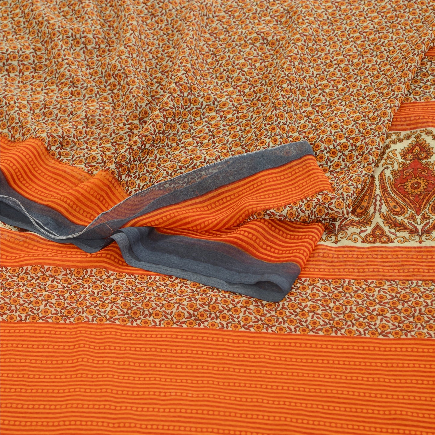 Sanskriti Vintage Sarees Indian Orange Georgette Printed Sari Soft Craft Sustainable Fabric