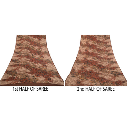 Sanskriti Vintage Sarees Brown Pure Georgette Silk Printed Sari 5yd Craft Sustainable Fabric