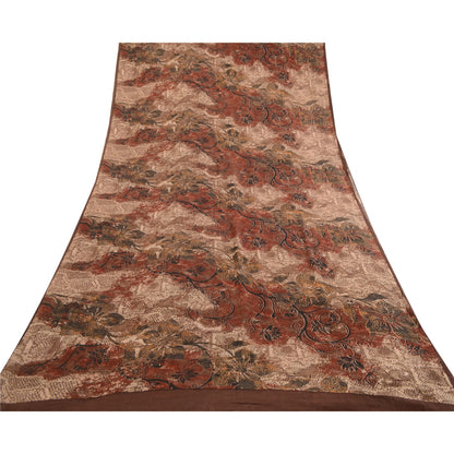 Sanskriti Vintage Sarees Brown Pure Georgette Silk Printed Sari 5yd Craft Sustainable Fabric