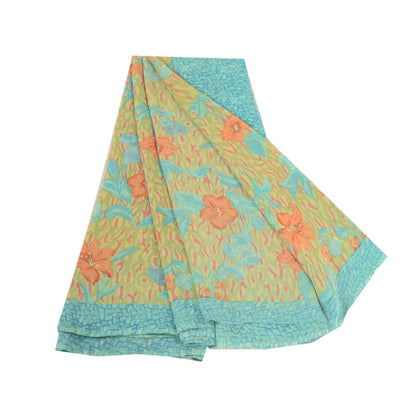 Сари Sanskriti Vintage, зеленое сари из чистого шелка-жоржета с принтом, 5 ярдов, ткань для рукоделия из экологически чистой ткани