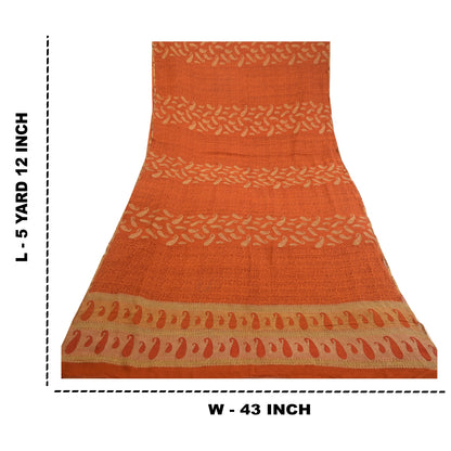 Sanskriti Vintage Georgette Silk Sari: Rusty Orange Floral Paisley Print Fabric Recycled For Quilting Felting, Home Decor