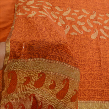 Sanskriti Vintage Georgette Silk Sari: Rusty Orange Floral Paisley Print Fabric Recycled For Quilting Felting, Home Decor