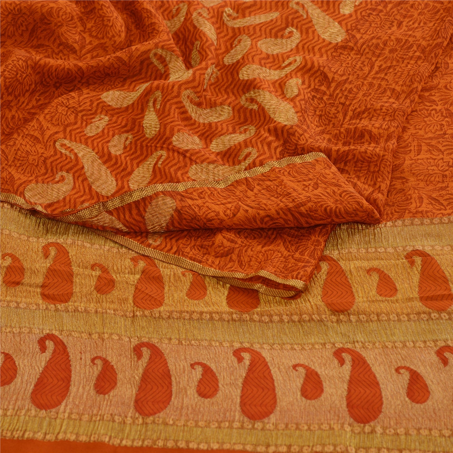 Sanskriti Vintage Georgette Silk Sari: Rusty Orange Floral Paisley Print Fabric Recycled For Quilting Felting, Home Decor