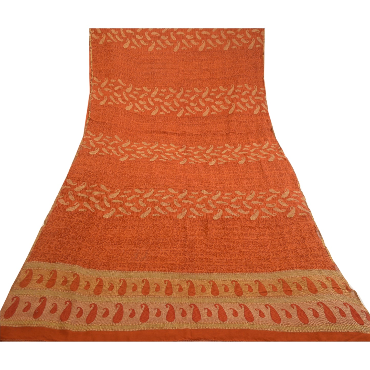 Sanskriti Vintage Georgette Silk Sari: Rusty Orange Floral Paisley Print Fabric Recycled For Quilting Felting, Home Decor