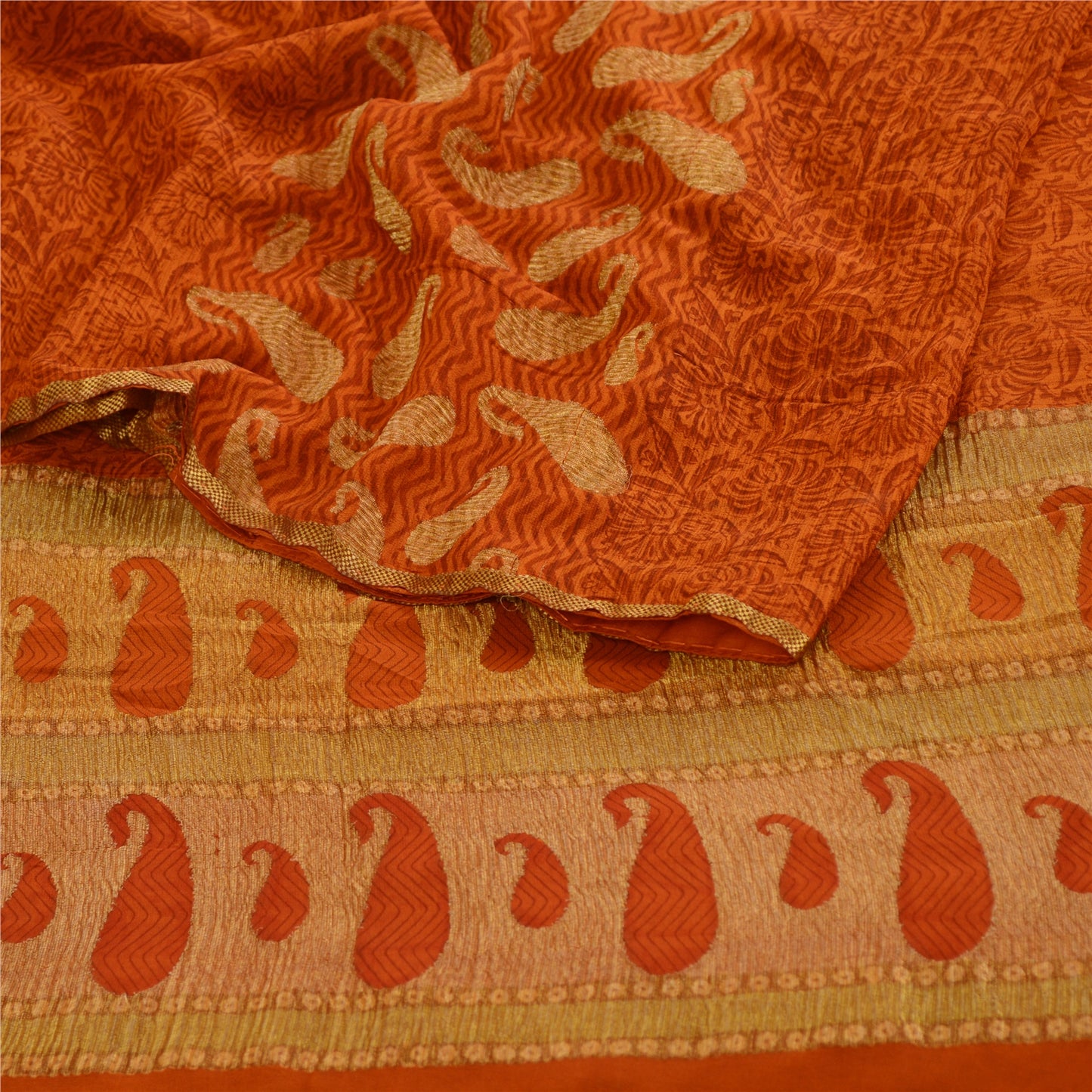 Sanskriti Vintage Georgette Silk Sari: Rusty Orange Floral Paisley Print Fabric Recycled For Quilting Felting, Home Decor