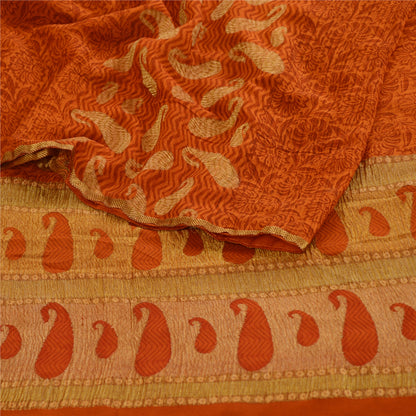 Sanskriti Vintage Georgette Silk Sari: Rusty Orange Floral Paisley Print Fabric Recycled For Quilting Felting, Home Decor