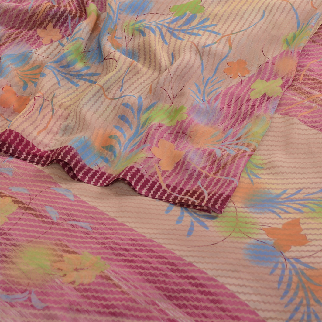 Sanskriti Vintage Sarees From India Pink Georgette Printed Sari 5yd Craft Fabric