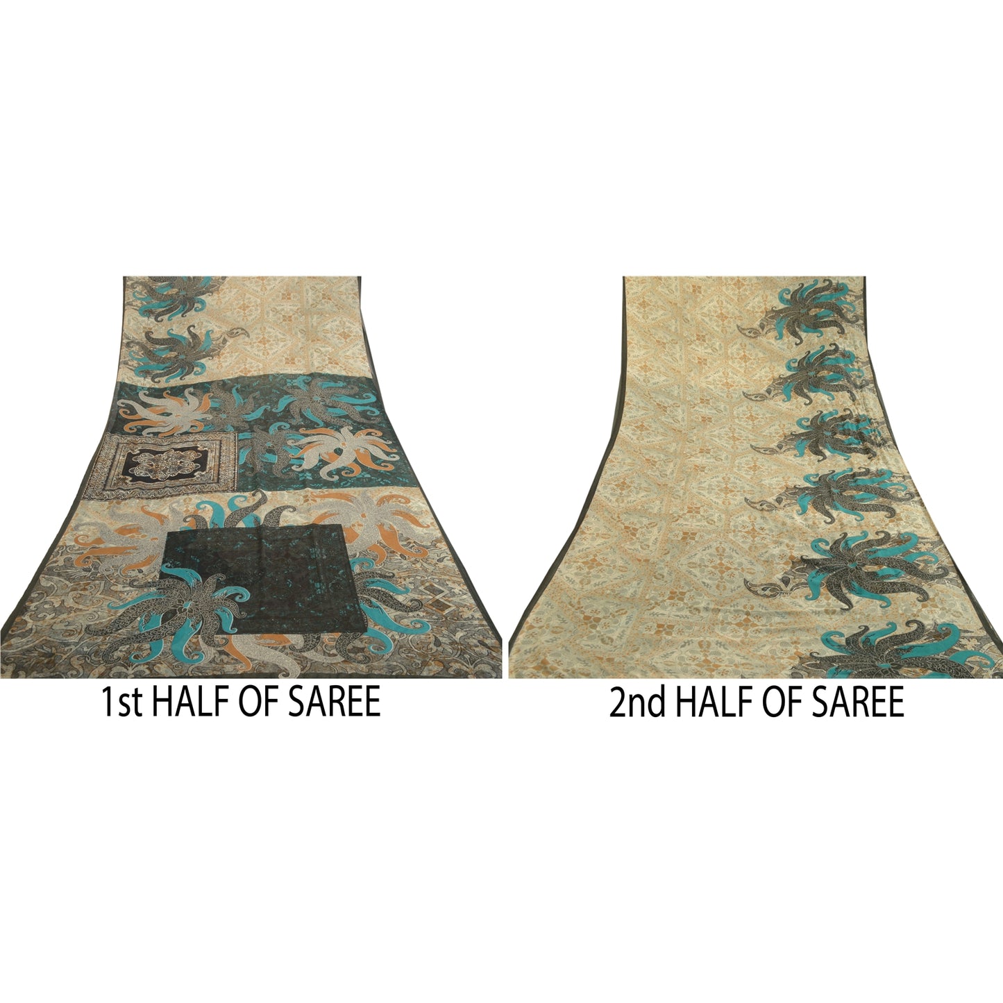 Sanskriti Vintage Sarees From India Ivory Georgette Printed Sari Craft Sustainable Fabric