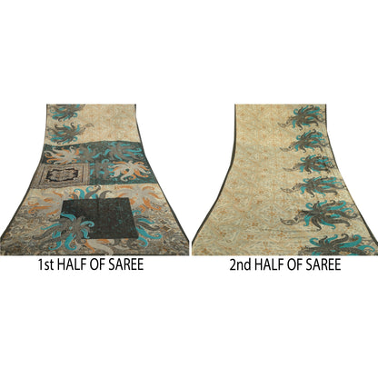 Sanskriti Vintage Sarees From India Ivory Georgette Printed Sari Craft Sustainable Fabric