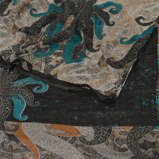 Sanskriti Vintage Sarees From India Ivory Georgette Printed Sari Craft Sustainable Fabric