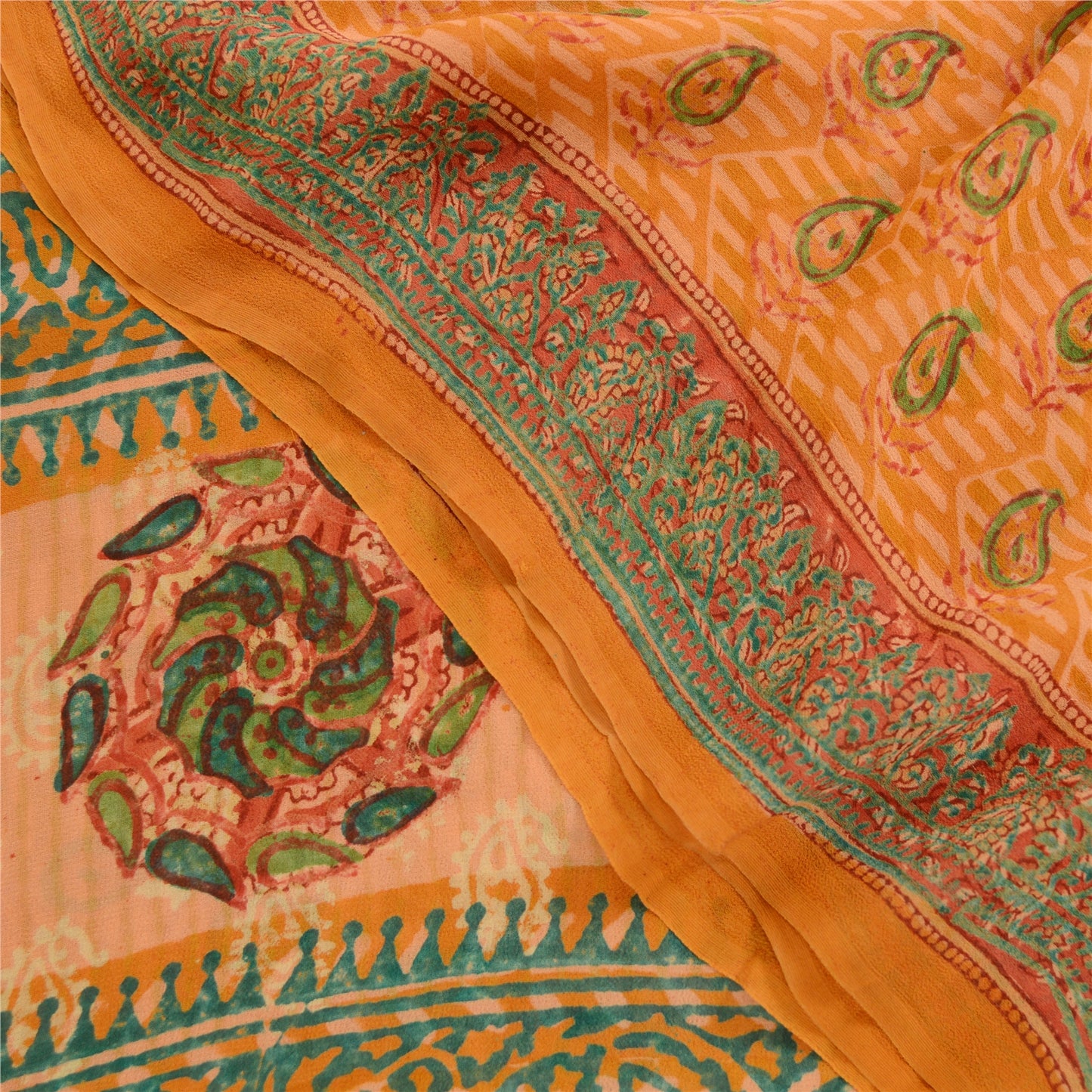 Sanskriti Vintage Sarees Saffron Pure Georgette Silk Printed Sari Craft Sustainable Fabric