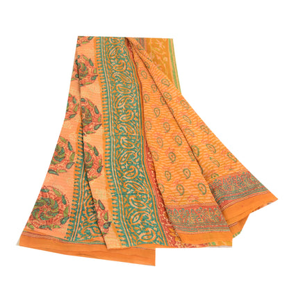 Sanskriti Vintage Sarees Saffron Pure Georgette Silk Printed Sari Craft Sustainable Fabric