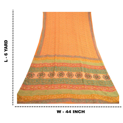 Sanskriti Vintage Sarees Saffron Pure Georgette Silk Printed Sari Craft Sustainable Fabric