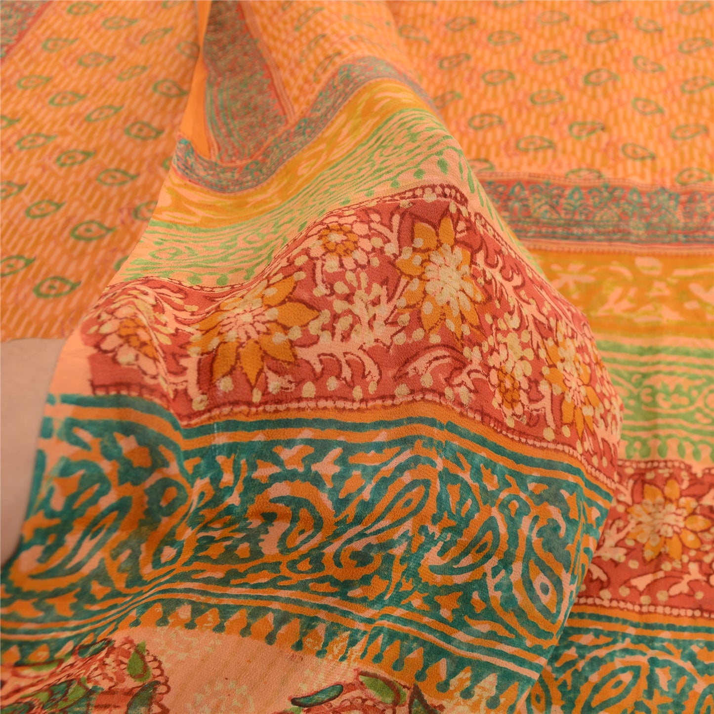 Sanskriti Vintage Sarees Saffron Pure Georgette Silk Printed Sari Craft Sustainable Fabric