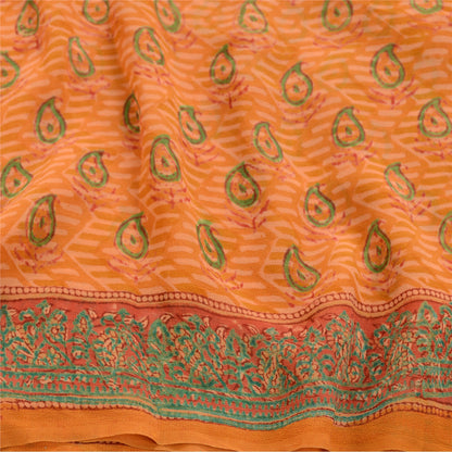 Sanskriti Vintage Sarees Saffron Pure Georgette Silk Printed Sari Craft Sustainable Fabric