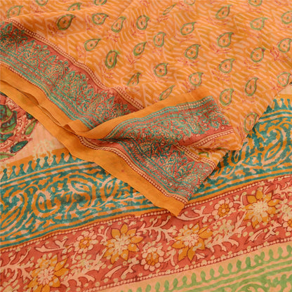 Sanskriti Vintage Sarees Saffron Pure Georgette Silk Printed Sari Craft Sustainable Fabric