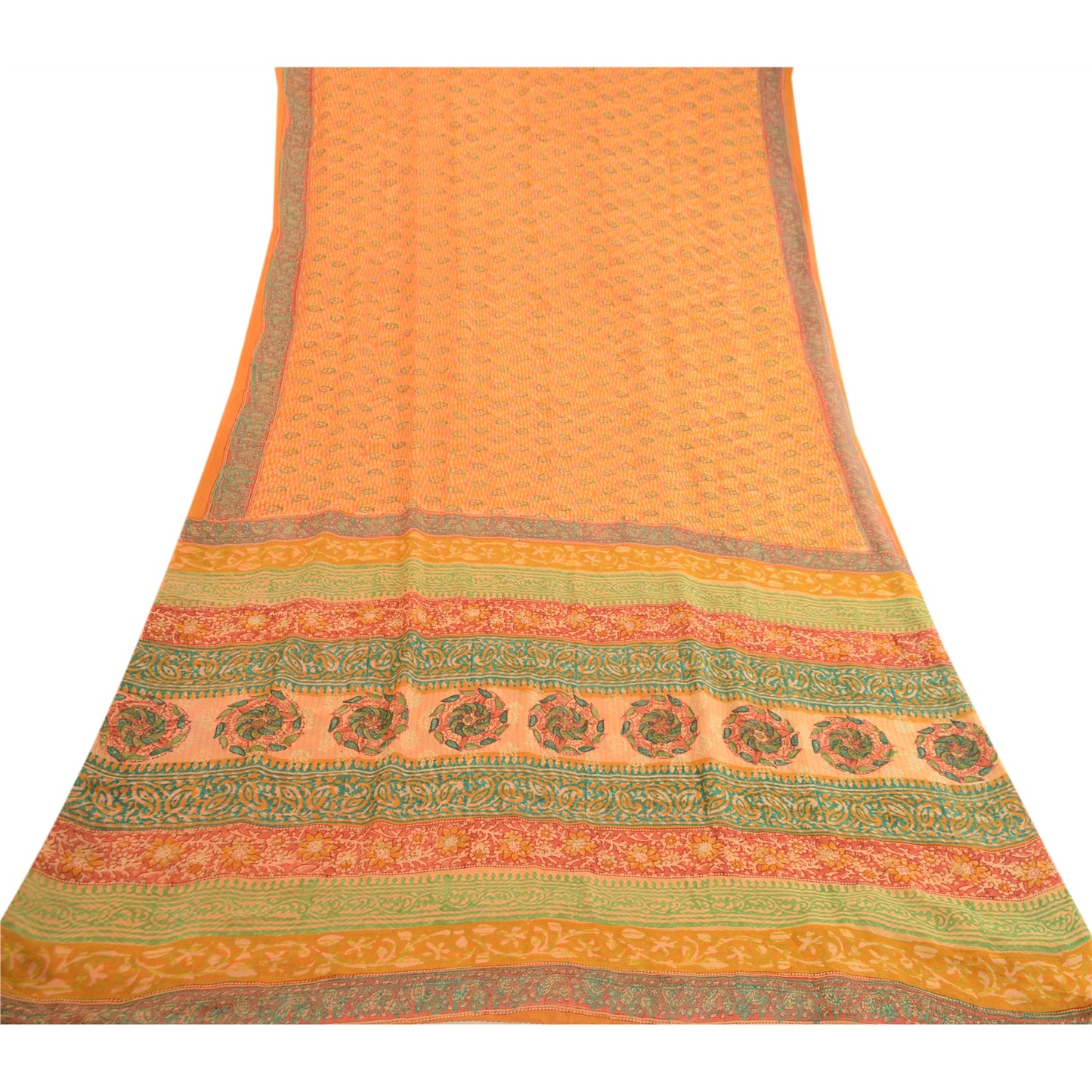 Sanskriti Vintage Sarees Saffron Pure Georgette Silk Printed Sari Craft Sustainable Fabric