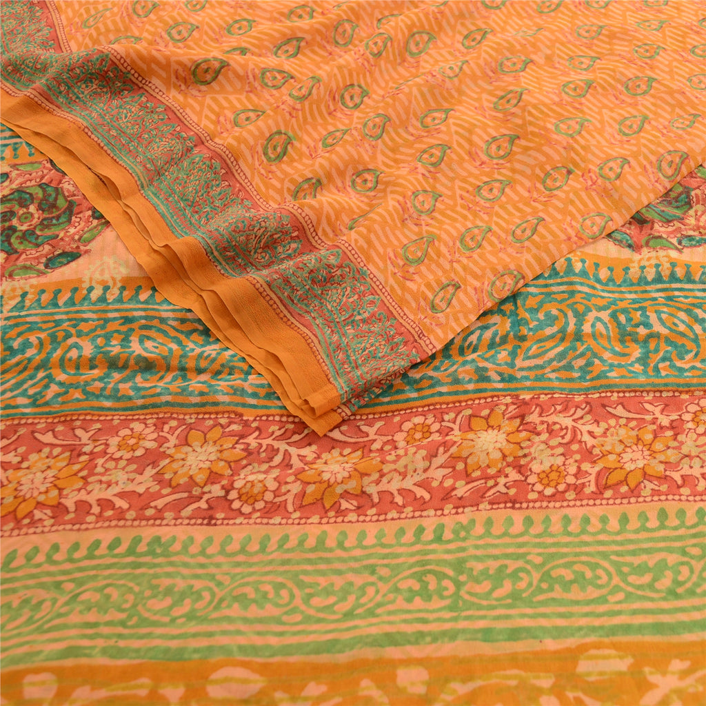 Sanskriti Vintage Sarees Saffron Pure Georgette Silk Printed Sari Craft Sustainable Fabric