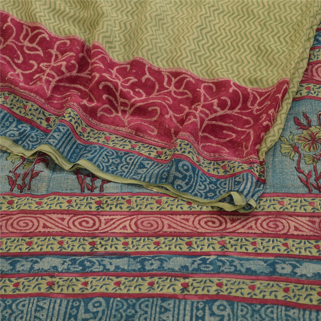 Sanskriti Vintage Sarees Green Pure Chiffon Silk Printed Sari Soft Craft Fabric
