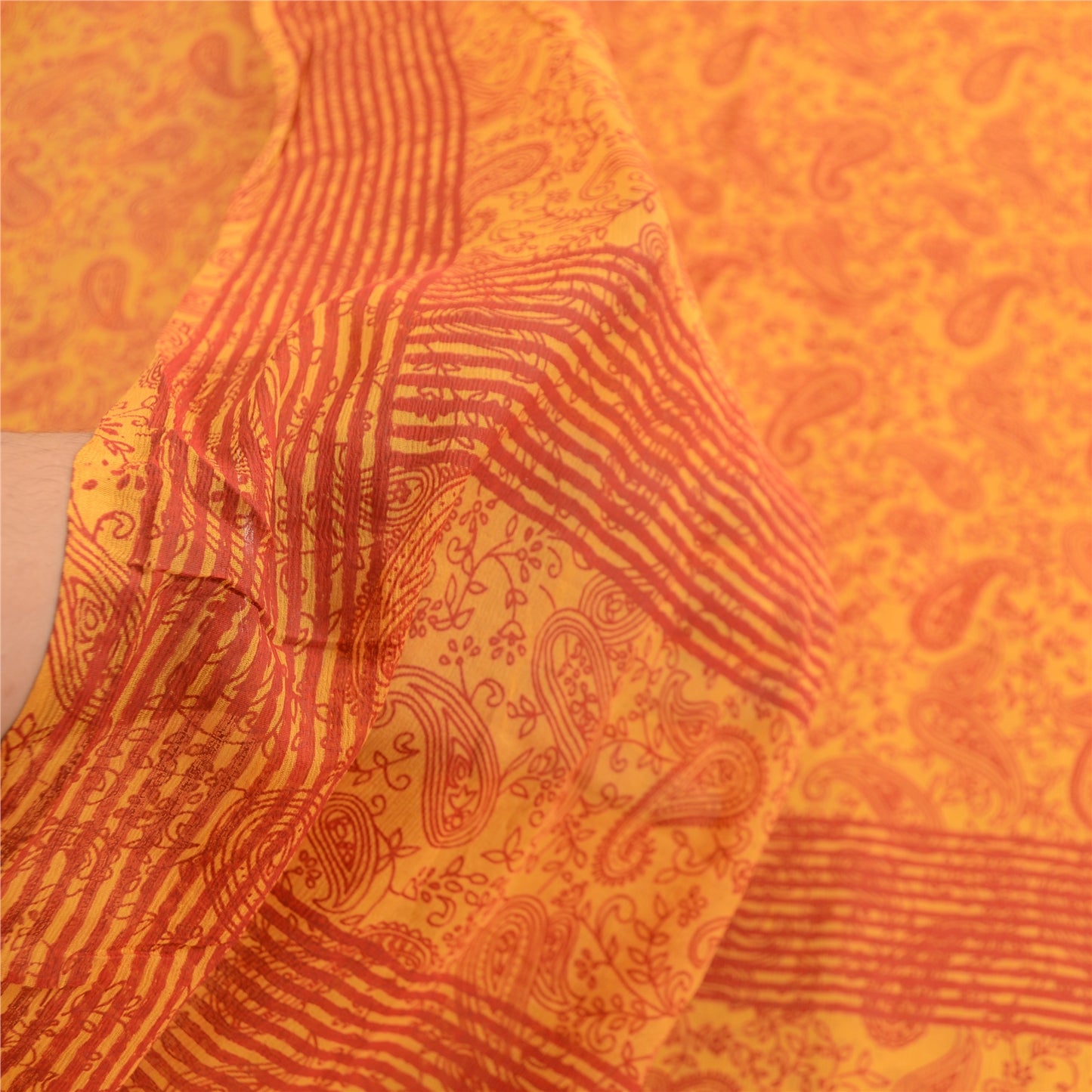 Sanskriti Vintage Sarees Yellow Pure Georgette Silk Printed Sari Craft Sustainable Fabric