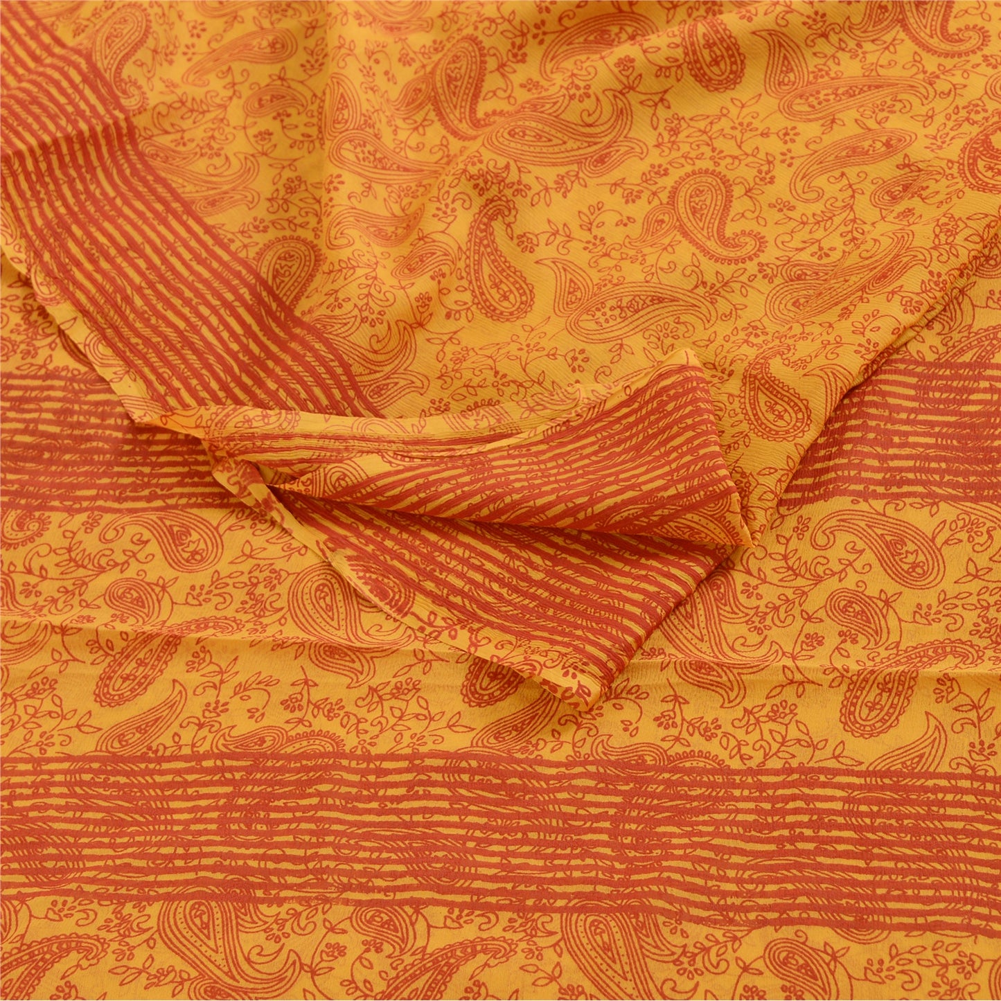Sanskriti Vintage Sarees Yellow Pure Georgette Silk Printed Sari Craft Sustainable Fabric